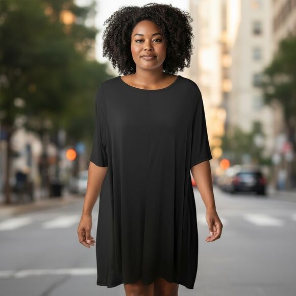 Roamans Black Shift Dress Plus Size 2X(26/28) 3/4-Sleeve Scoop-Neck Stretch - Picture 1 of 15